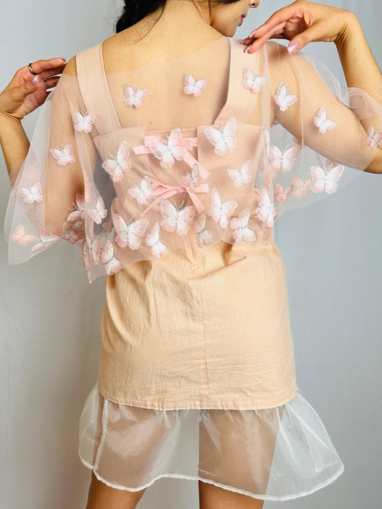 [Pre-Order] Peach Mini Dress and See-Through Butterfly Blouse Set